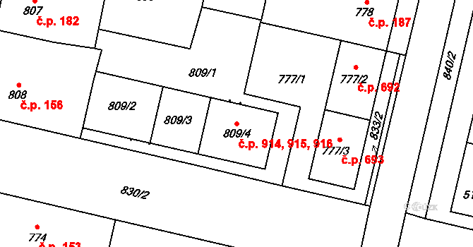 Lobzy 914,915,916, Plzeň na parcele st. 809/2 v KÚ Lobzy, Katastrální mapa