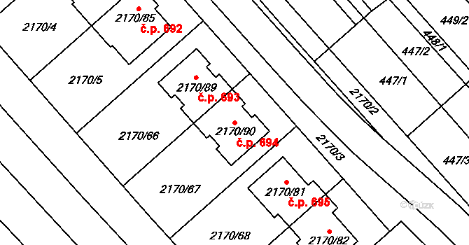 Mikulčice 694 na parcele st. 2170/90 v KÚ Mikulčice, Katastrální mapa