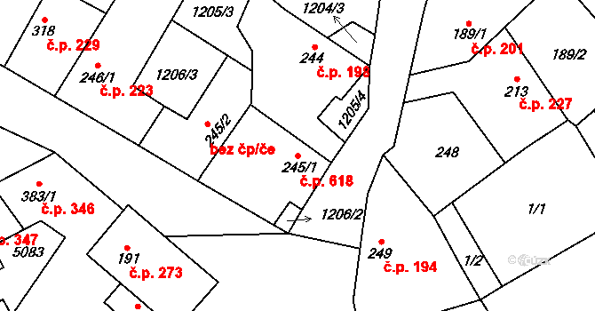 Kryry 618 na parcele st. 245/1 v KÚ Kryry, Katastrální mapa