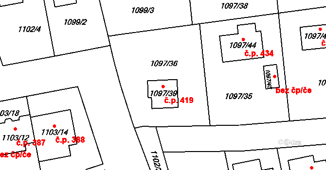 Grygov 419 na parcele st. 1097/39 v KÚ Grygov, Katastrální mapa