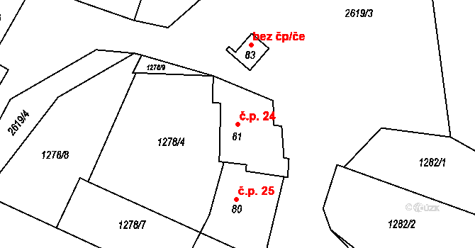 Růžkovy Lhotice 24, Čechtice na parcele st. 81 v KÚ Černičí, Katastrální mapa