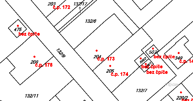 Sedlec 173, Sedlec-Prčice na parcele st. 204 v KÚ Sedlec u Votic, Katastrální mapa