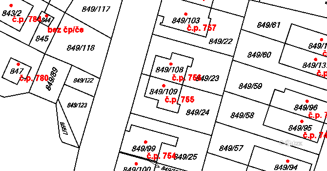 Výškovice 755, Ostrava na parcele st. 849/109 v KÚ Výškovice u Ostravy, Katastrální mapa