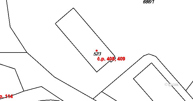 Skalná 408,409 na parcele st. 523 v KÚ Skalná, Katastrální mapa