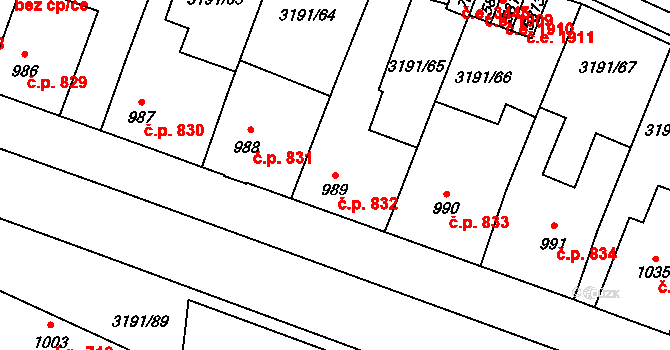 Zlín 832 na parcele st. 989 v KÚ Zlín, Katastrální mapa