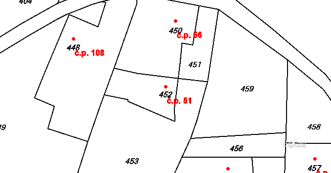 Těškovice 51 na parcele st. 452 v KÚ Těškovice, Katastrální mapa