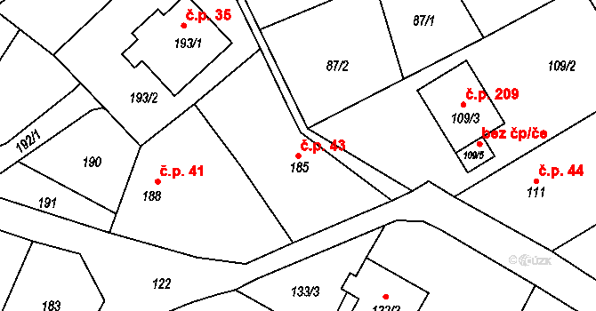 Chuchelná 43 na parcele st. 185 v KÚ Chuchelná, Katastrální mapa