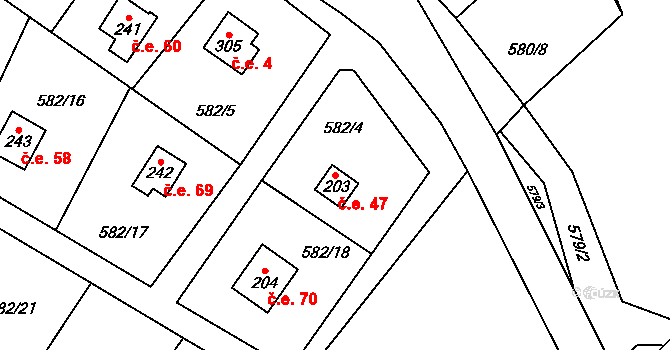 Ptice 47 na parcele st. 203 v KÚ Ptice, Katastrální mapa