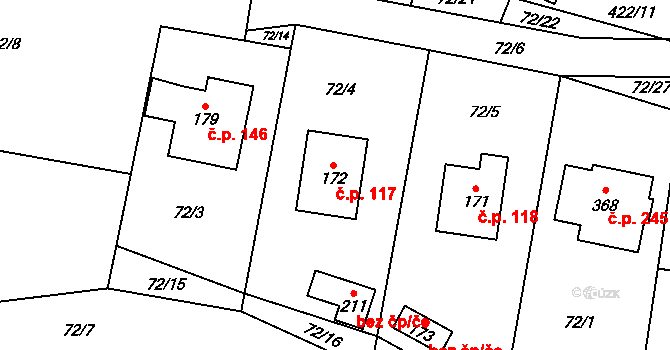 Únětice 117 na parcele st. 172 v KÚ Únětice u Prahy, Katastrální mapa