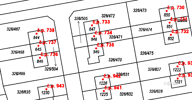 Nehvizdy 735 na parcele st. 849 v KÚ Nehvizdy, Katastrální mapa