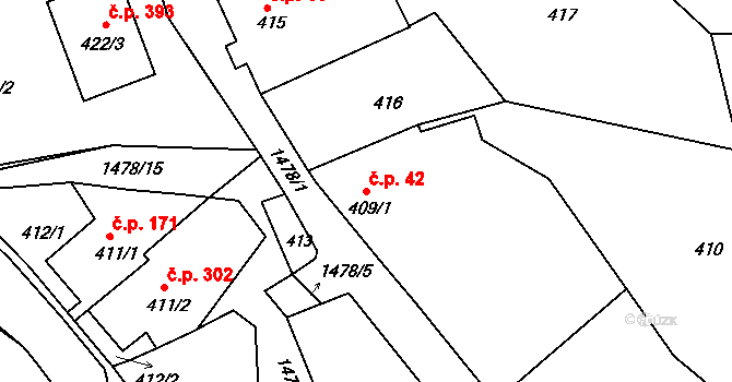 Olomučany 42 na parcele st. 409/1 v KÚ Olomučany, Katastrální mapa