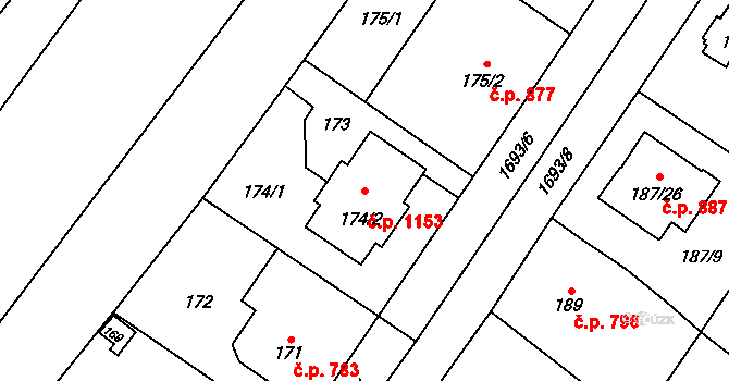 Sadská 1153 na parcele st. 174/2 v KÚ Sadská, Katastrální mapa