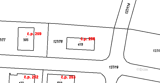 Minice 258, Kralupy nad Vltavou na parcele st. 478 v KÚ Minice u Kralup nad Vltavou, Katastrální mapa
