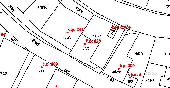 Přítluky 228 na parcele st. 119/9 v KÚ Přítluky, Katastrální mapa