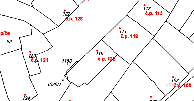 Roštění 122 na parcele st. 110 v KÚ Roštění, Katastrální mapa