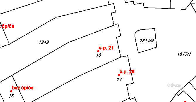 Džbánice 21 na parcele st. 16 v KÚ Džbánice, Katastrální mapa