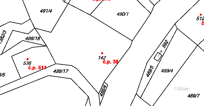 Janov nad Nisou 38 na parcele st. 142 v KÚ Janov nad Nisou, Katastrální mapa