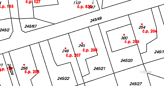 Horoměřice 206 na parcele st. 245 v KÚ Horoměřice, Katastrální mapa