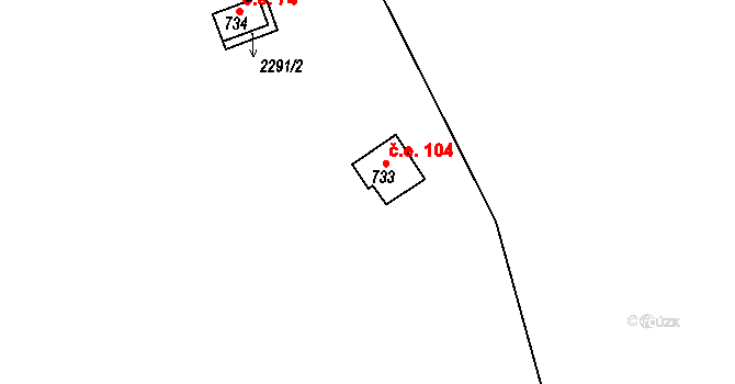 Rusava 104 na parcele st. 733 v KÚ Rusava, Katastrální mapa