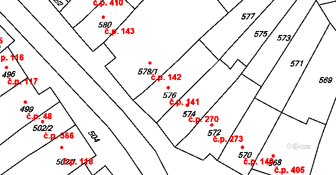 Šaratice 141 na parcele st. 576 v KÚ Šaratice, Katastrální mapa