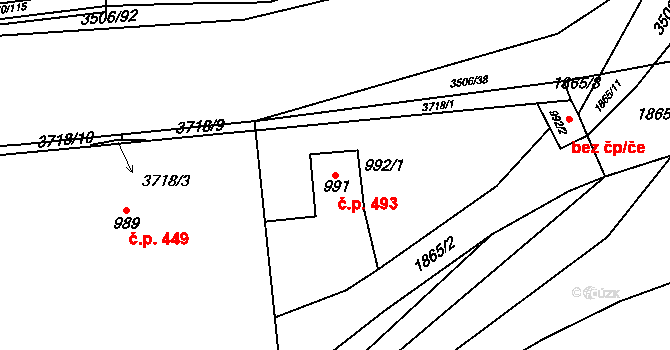 Vyškov-Předměstí 493, Vyškov na parcele st. 991 v KÚ Vyškov, Katastrální mapa