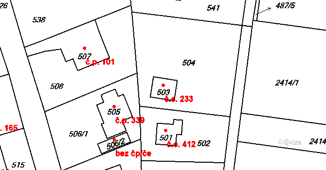 Hlásná Třebaň 233 na parcele st. 503 v KÚ Hlásná Třebaň, Katastrální mapa