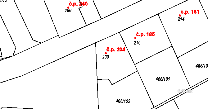 Broumy 204 na parcele st. 230 v KÚ Broumy, Katastrální mapa