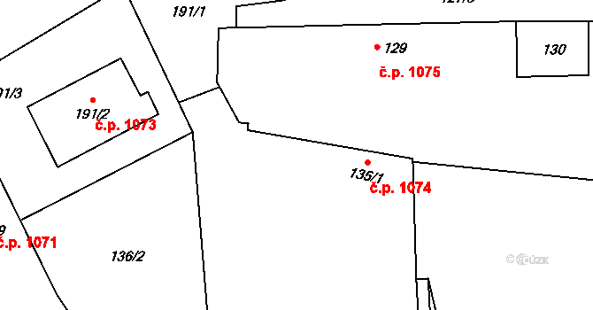 Dolní Sukolom 1074, Uničov na parcele st. 135/1 v KÚ Dolní Sukolom, Katastrální mapa
