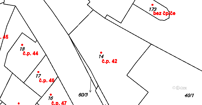 Dušníky 42 na parcele st. 14 v KÚ Dušníky, Katastrální mapa
