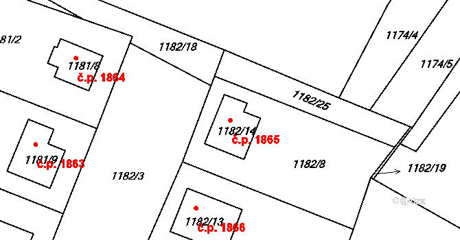 Roudnice nad Labem 1865 na parcele st. 1182/14 v KÚ Roudnice nad Labem, Katastrální mapa