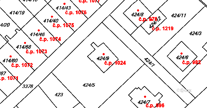 Poruba 1024, Orlová na parcele st. 424/9 v KÚ Poruba u Orlové, Katastrální mapa