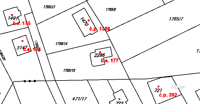 Rožnov pod Radhoštěm 177 na parcele st. 2286 v KÚ Rožnov pod Radhoštěm, Katastrální mapa