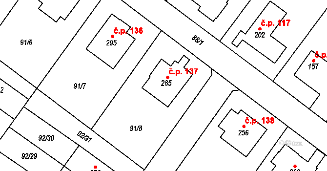 Valdice 137 na parcele st. 285 v KÚ Valdice, Katastrální mapa