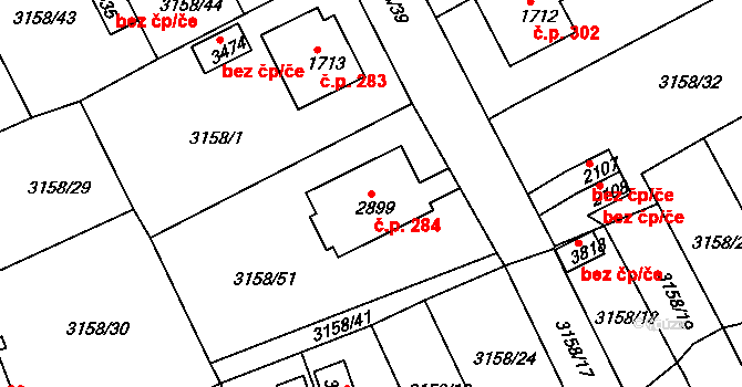 Žichlínské Předměstí 284, Lanškroun na parcele st. 2899 v KÚ Lanškroun, Katastrální mapa
