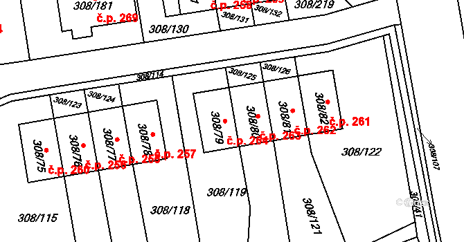 Radonice 264 na parcele st. 308/79 v KÚ Radonice u Kadaně, Katastrální mapa