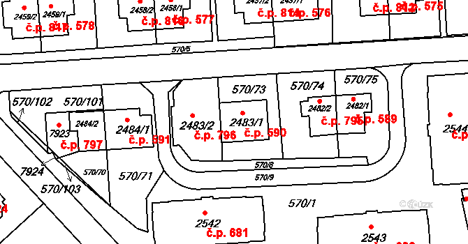 Borovina 590, Třebíč na parcele st. 2483/1 v KÚ Třebíč, Katastrální mapa
