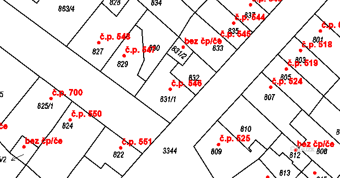 Pelhřimov 546 na parcele st. 831/1 v KÚ Pelhřimov, Katastrální mapa