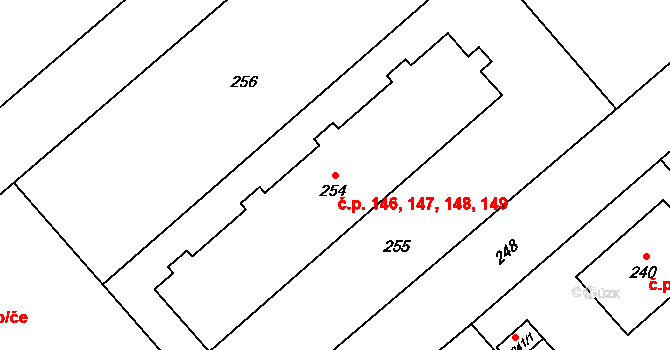 Lešná 146,147,148,149 na parcele st. 254 v KÚ Lešná, Katastrální mapa