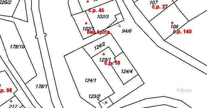 Tušť 18, Suchdol nad Lužnicí na parcele st. 123/1 v KÚ Tušť, Katastrální mapa