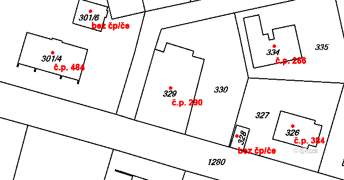 Nebušice 290, Praha na parcele st. 329 v KÚ Nebušice, Katastrální mapa