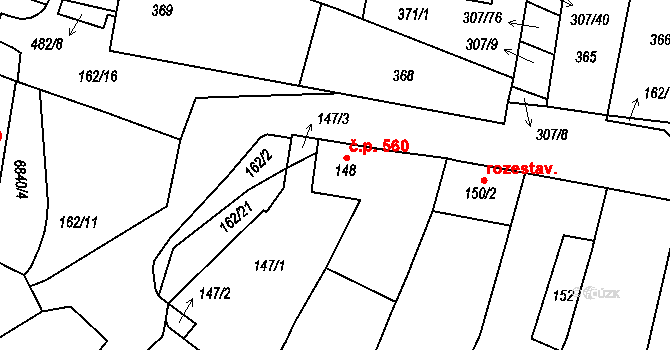 Mutěnice 560 na parcele st. 148 v KÚ Mutěnice, Katastrální mapa