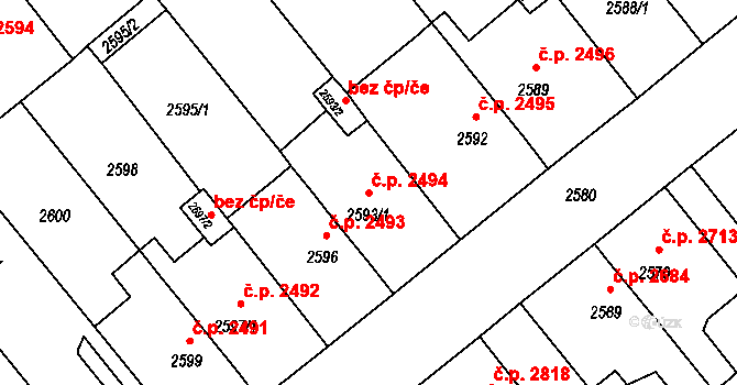 Chomutov 2494 na parcele st. 2593/1 v KÚ Chomutov II, Katastrální mapa