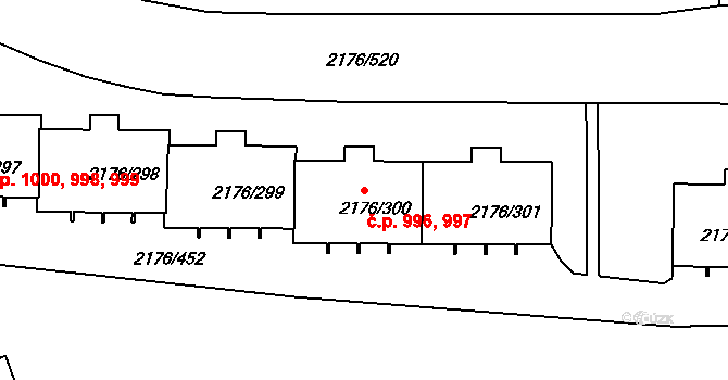 Skvrňany 996,997, Plzeň na parcele st. 2176/301 v KÚ Skvrňany, Katastrální mapa