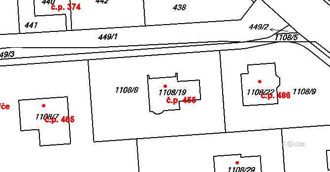 Hřebeč 455 na parcele st. 1108/19 v KÚ Hřebeč, Katastrální mapa