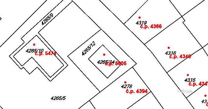 Chomutov 5605 na parcele st. 4265/14 v KÚ Chomutov II, Katastrální mapa