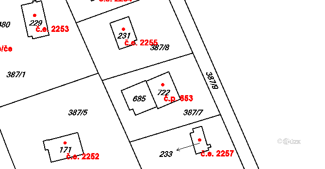 Struhařov 653, Kamenice na parcele st. 722 v KÚ Štiřín, Katastrální mapa