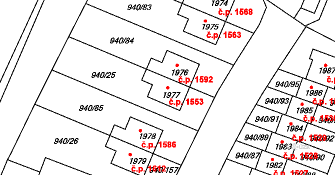 Ivančice 1553 na parcele st. 1977 v KÚ Ivančice, Katastrální mapa