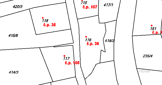 Rabí 36 na parcele st. 116 v KÚ Rabí, Katastrální mapa