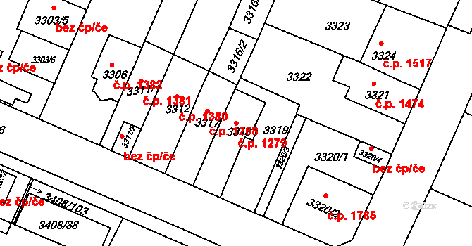 Předměstí 1279, Litoměřice na parcele st. 3318 v KÚ Litoměřice, Katastrální mapa