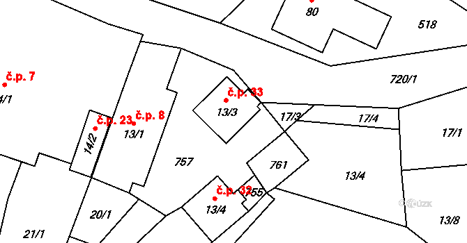 Rousměrov 33 na parcele st. 13/3 v KÚ Rousměrov, Katastrální mapa